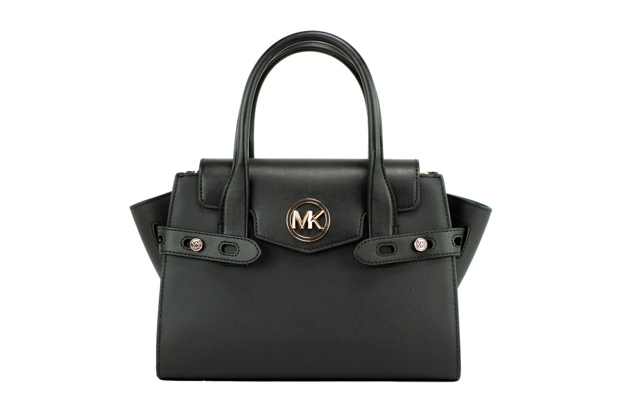 MICHAEL KORS Carmen Medium Black Gold Saffiano Leather Satchel Handbag Purse Bag