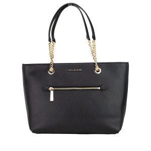 MICHAEL KORS Jet Set Medium Black Leather Front Zip Chain Tote Purse Bag